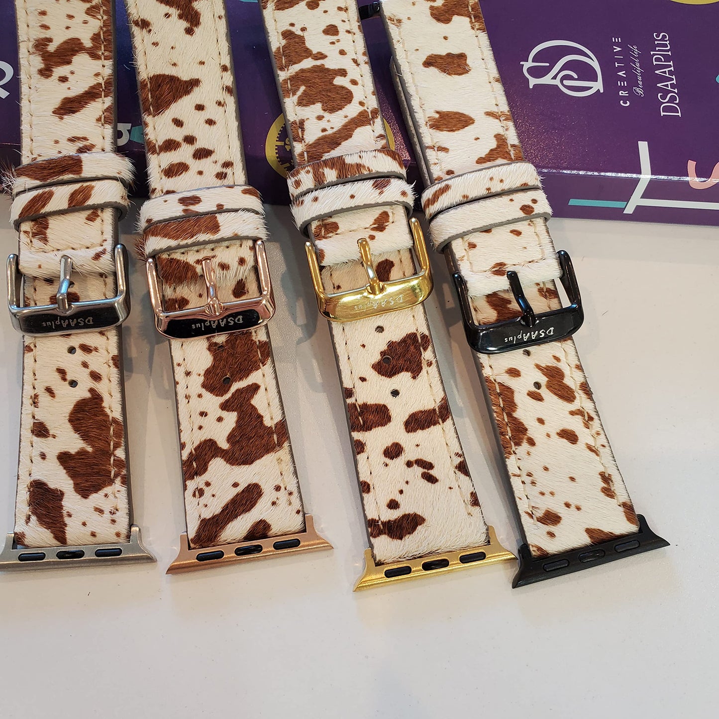 DSAAplus Luxury Cowhide Fur Leather Western Strap For Apple Watch Band 38 40 41 42 44 45 46 49mm Stylish Wristband for iWatch Series 11 10 9 8 7 6 5 4 Ultra SE 3 2 1(Furry cow brown, 38/40/41mm rose gold buckle)