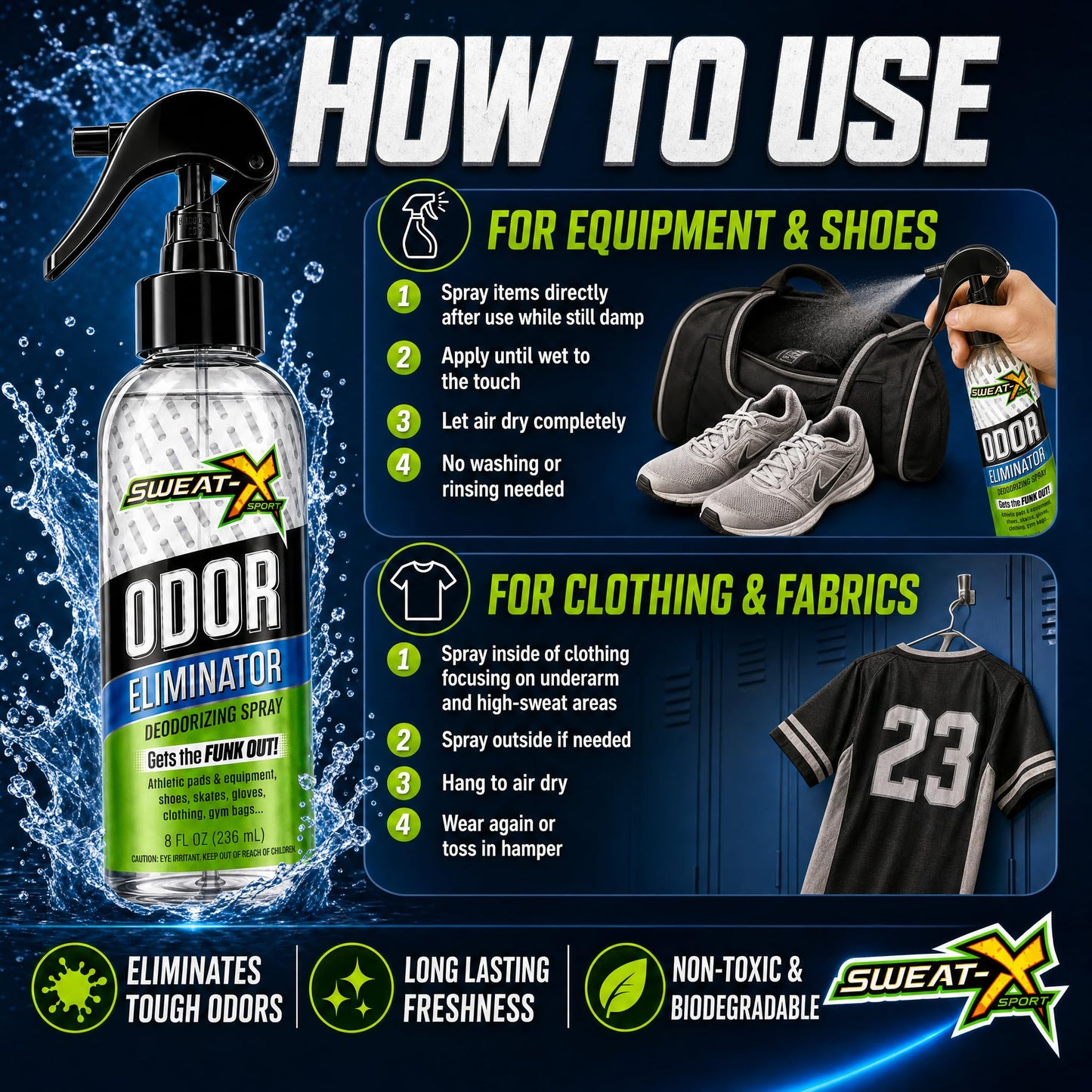 Sweat X Sport Extreme Odor Spray – Multipurpose Deodorizer for Stinky Shoes, Clothes, Sports Equipment & All Fabrics – Concentrated Formula, No Washing Required - Active Fresh Scent – 8 Fl Oz