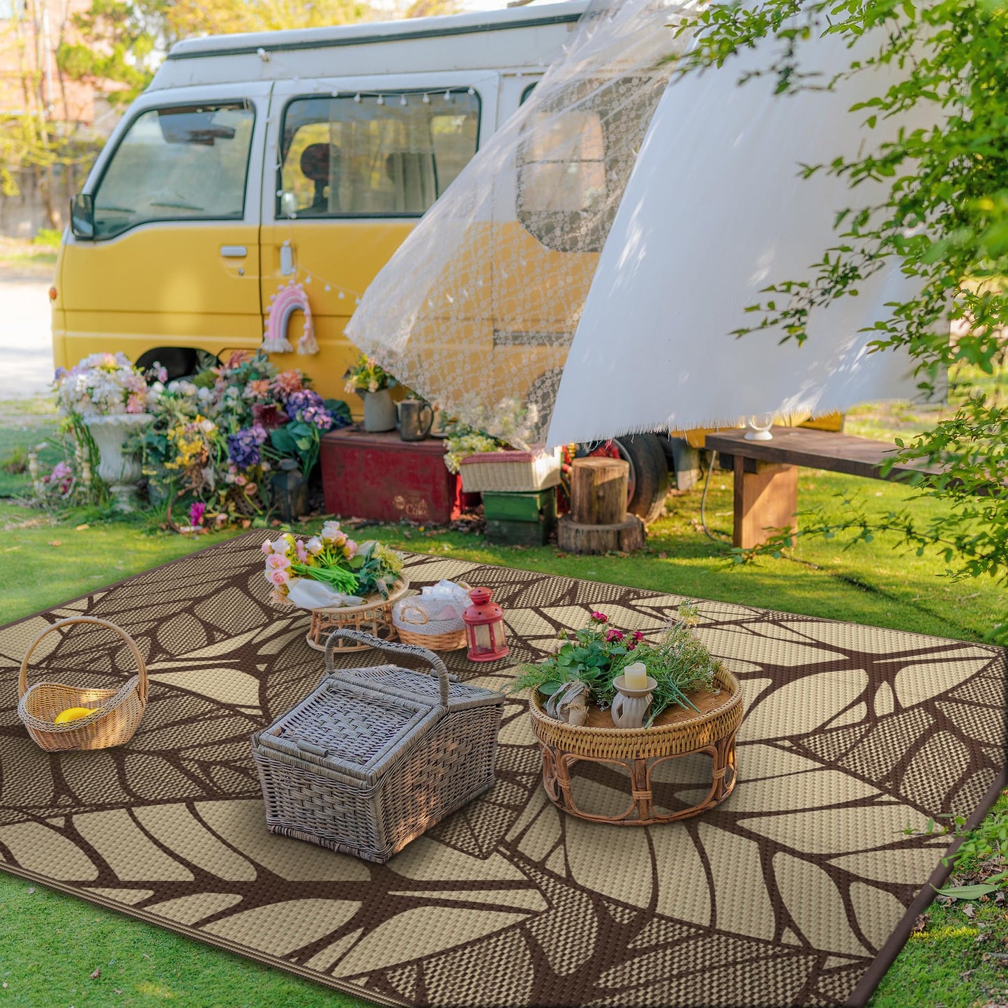 GENIMO Outdoor Rug 6' x 9' Waterproof for Patio Clearance, Reversible Plastic Straw Camping Carpet, Lightweight Mat for Rv, Camper, Deck, Porch, Picnic, Balcony, Beach,Dark Coffee & Beige