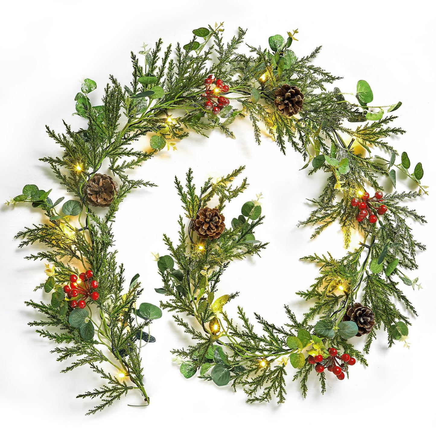 Brightown Pre-lit Christmas Garland with Lights, 6 Feet 20 LED Battery Operated Christmas Lights with Pine Cones, Berry, Eucalyptus Leaves, Indoor Christmas Decorations for Stairs, Fireplace, Door