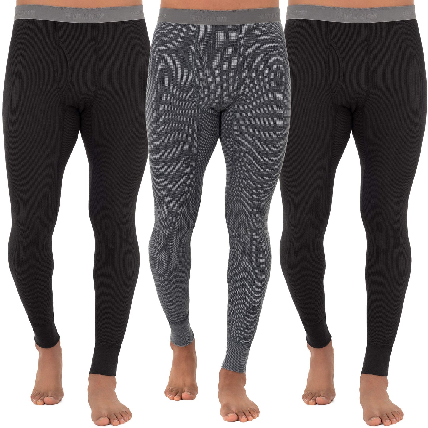 Fruit of The Loom Men's 3-Pack Recycled Waffle Thermal Underwear Bottom, Black/Black/Greystone Heather, X-Large