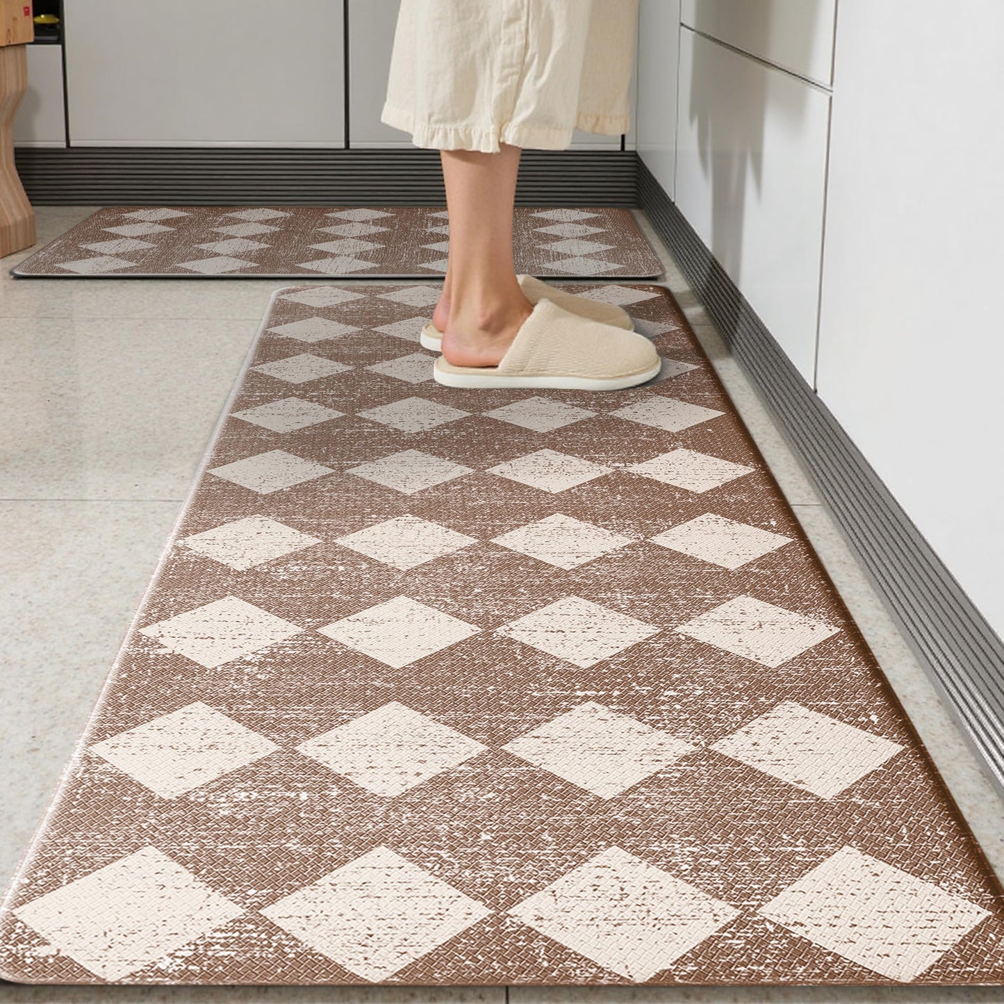 VivaNest Khaki Beige Moroccan Trellis Checkered Kitchen Rug Sets [2 PCs], Anti-Fatigue, Waterproof Non-Slip Kitchen Mats Heavy Duty Ergonomic Comfort Foam Rug for Floor, Home, Laundry,17"x29"+17"x47"