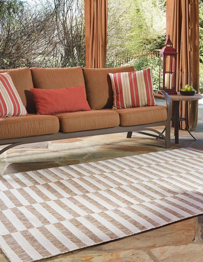 Unique Loom Outdoor Striped Collection Area Rug - Striped (10' x 14' 1" Rectangle Taupe/Ivory)