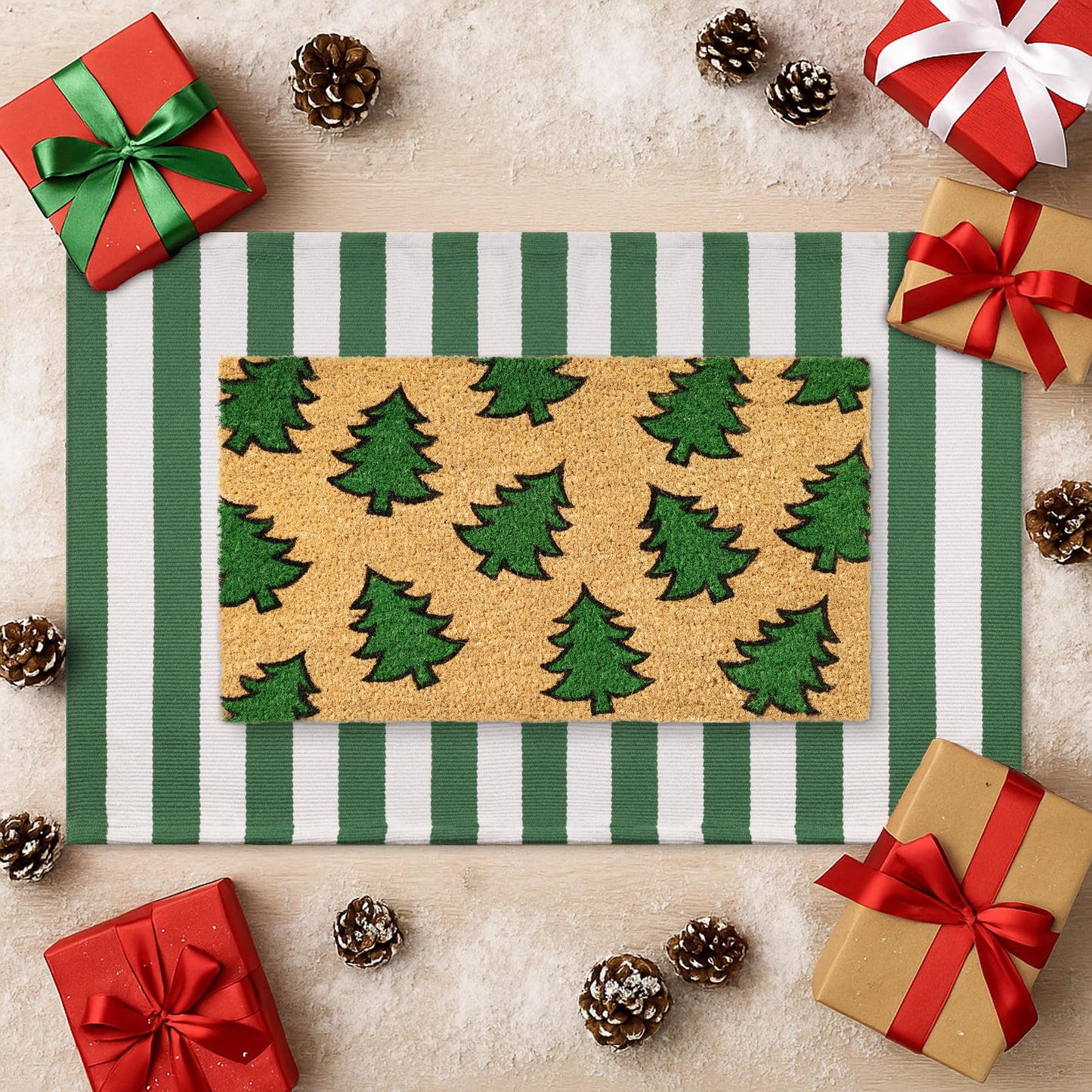 Christmas Door Mat Set 2-Piece, 17"x30" Coir Welcome Mat with Green Tree Pattern and 28"x43" Green White Striped Rug, Layered Front Porch Combo for Holiday Entryway Outdoor Decor