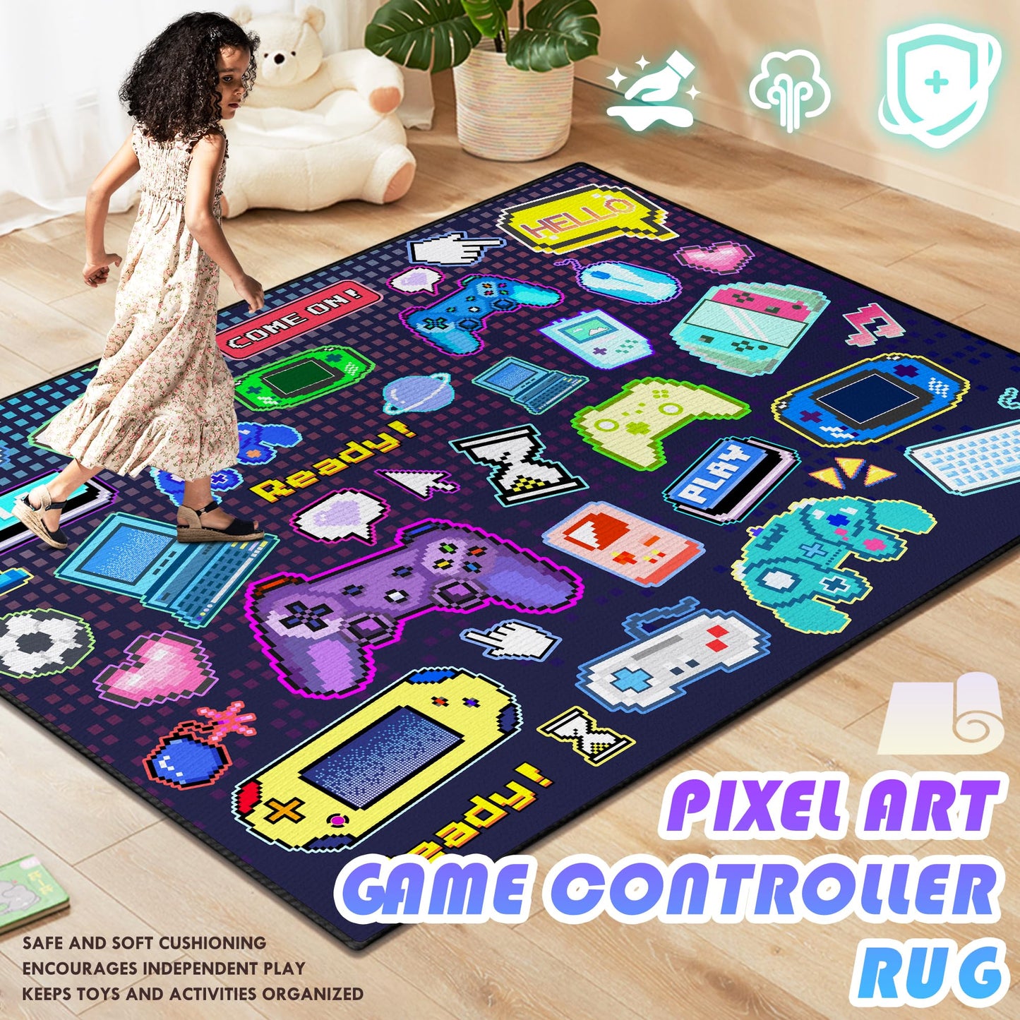 Didswuit 2x3 Game Controller Mat Gamepad with Keyboard Design for Playroom, Pixel Gaming Play Rug for Bedroom, Fun Gamer Art Décor for Game Lover Washable Carpet