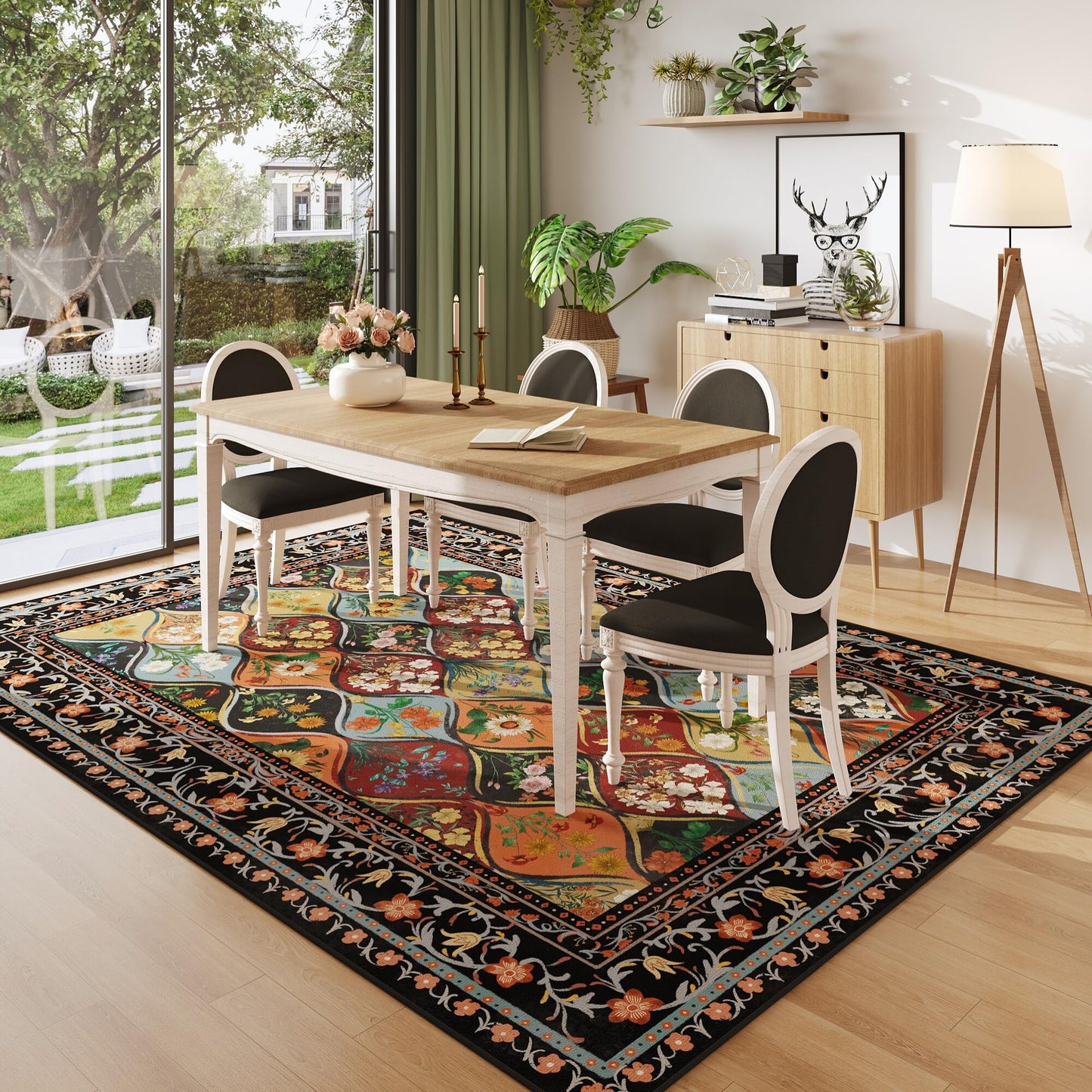 Vowkten Bohemian Geometric Floral Area Rugs 5x7, Machine Washable, Low Pile Soft Carpet, Non-Slip for Living Room, Bedroom, Dining Room, Farmhouse, Kids Playroom, Office | Black