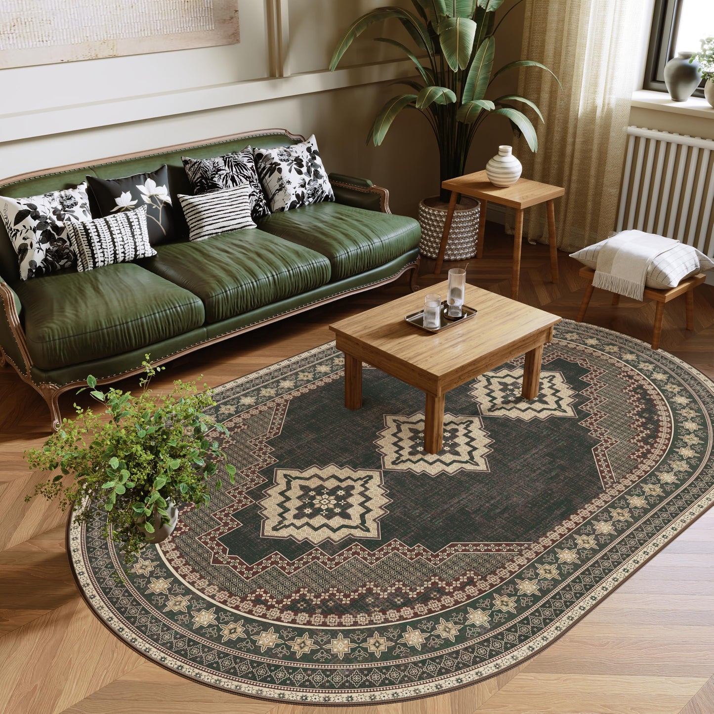 Clemile 4x6 Oval Rug - Washable Ultra-Thin Living Room Rug Non-Slip Vintage Carpets - Soft & Stain Resistant Rug for Kitchen Bedroom Living Room Forest Brown