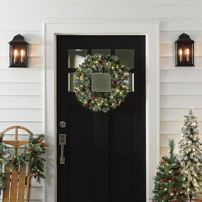 National Tree Company Pre-Lit Artificial Christmas Wreath, Green, Crestwood Spruce, White Lights, Decorated with Pine Cones, Berry Clusters, Frosted Branches, Christmas Collection, 24 Inches