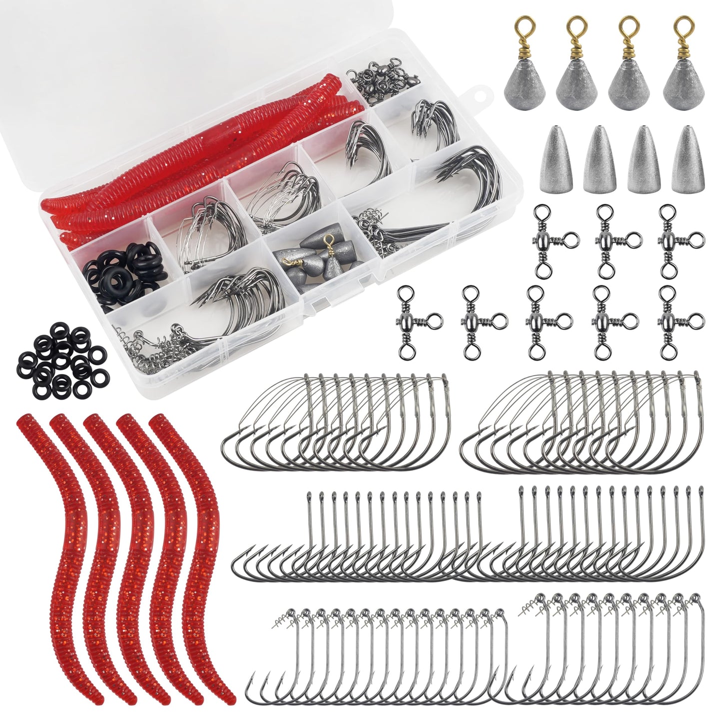 Wacky Rig Bass Fishing Hooks Kit, 116pcs Worms O Rings Weedless Wacky Rig Hooks Fishing Weights Swivels Tackle Box Kit for Bass Artificial Soft Stick Baits