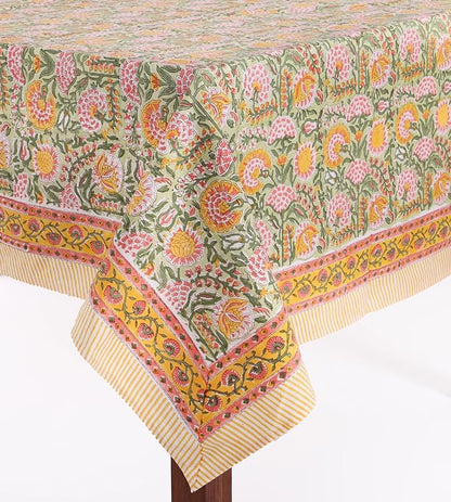ATOSII Clover Green 100% Cotton Rectangle Boho Fall Tablecloth, Handblock Floral Table Cloth Linen for Kitchen Dining I Parties Wedding Outdoors Picnics I 72 X 120 Inches I 10 Seater