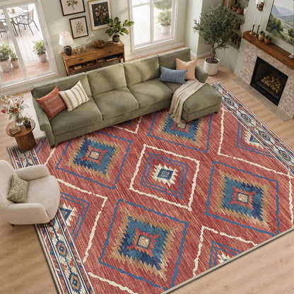 BESTSWEETIE Area Rug 8x10 Machine Washable Non-Slip Low Pile Tribal Western Rug for Living Room Bedroom Entryway - Red/Orange