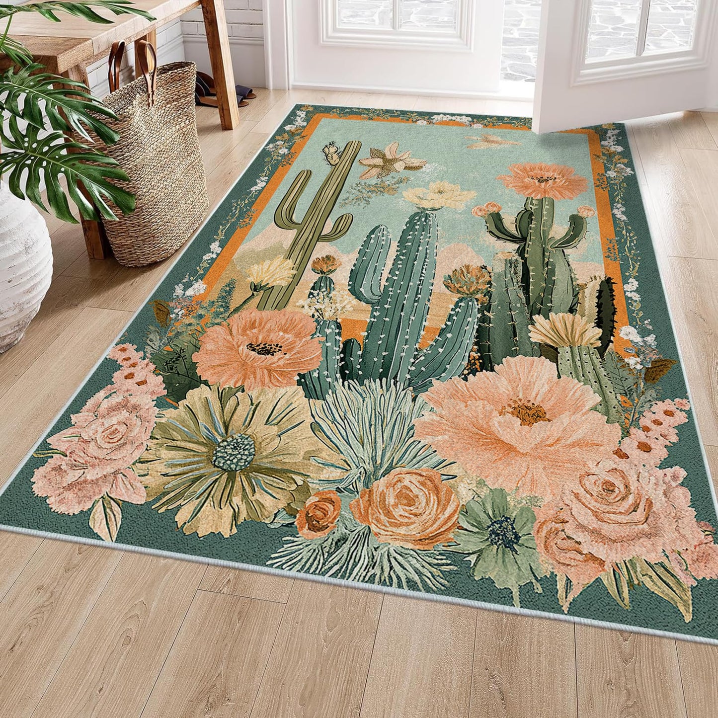 5x7 Cactus Flower Area Rugs Boho Tropical Floral Botanical Green Rug for Living Room Indoor Soft Non-Slip Thin Carpet Modern Abstract Rugs for Dining Room Bedroom Under Table Washable Machine