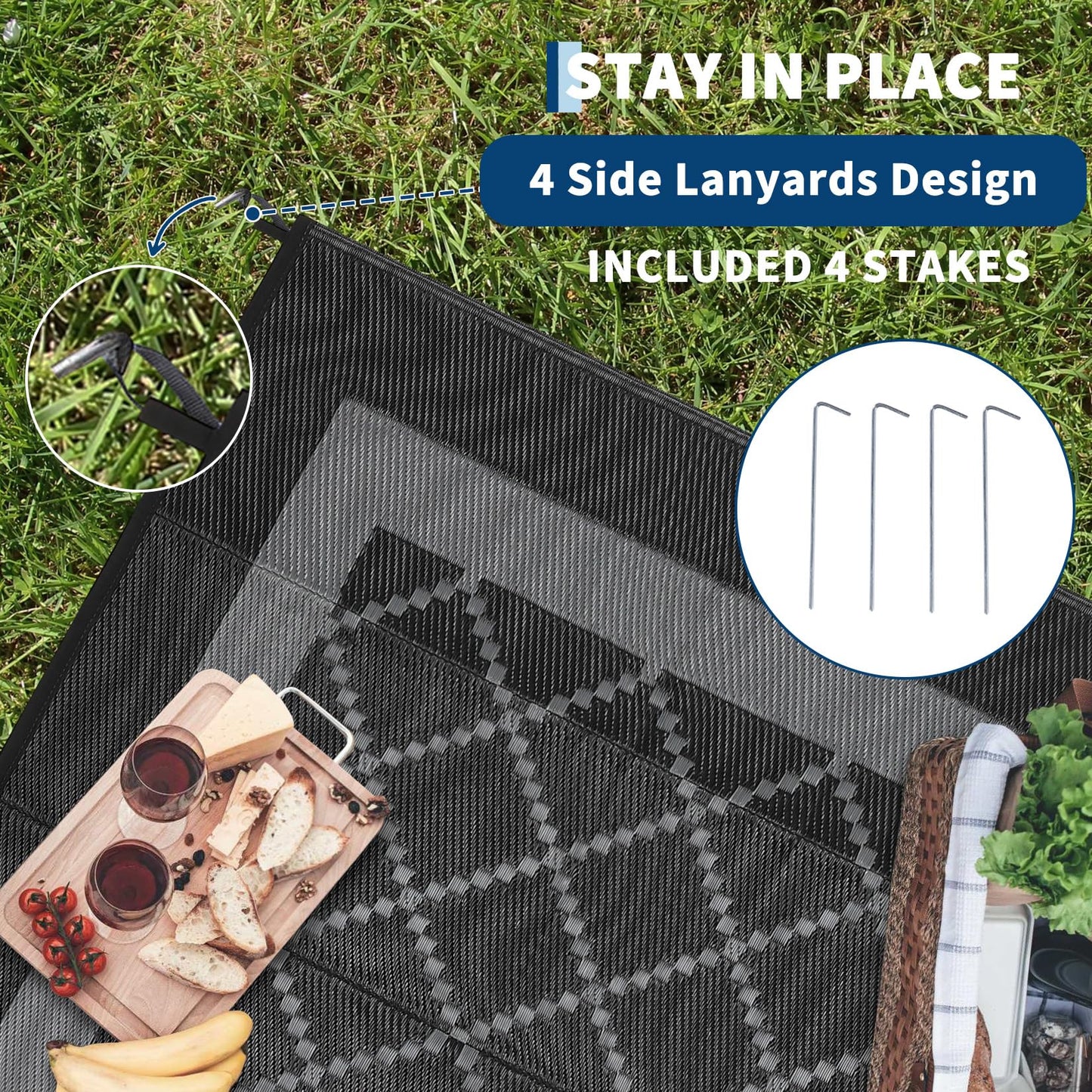 GAOMON Patio Rug 9x18 Waterproof Outdoor Plastic Straw Rug Reversible Camping Mat, Foldable Portable RV Picnic Carpet with Bag & 4 Stakes, UV Resistant Outside Carpet for Deck Balcony, Black&Grey