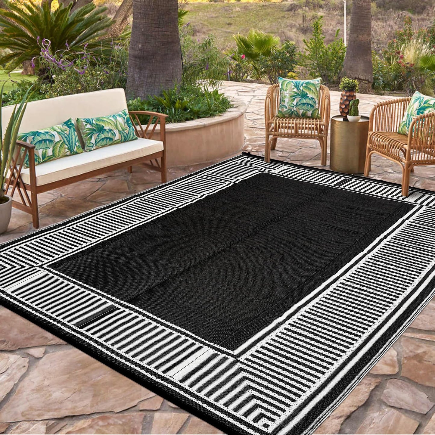 Garvee 9x12 Outdoor Rug for Patio Plastic Straw Rug Waterproof Reversible Mat Lightweight Foldable Carpet Easy Clean Large Rugs for Patio Porch Backyard Camping RV Beach Balcony Deck Border Black