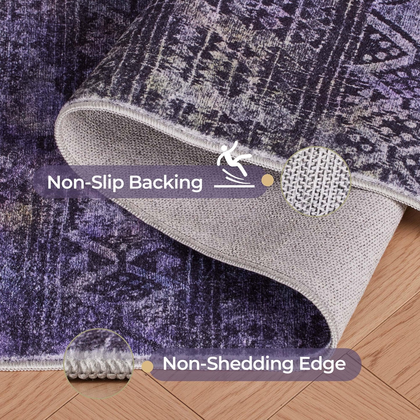 Kokia Abstract Area Rugs Washable Indoor 6x9 Rug Boho Distressed Retro Low Pile Non-Slip Non-Shedding Black Purple Carpet Bedroom Living Room Dining Room, Violet and Slate Blue