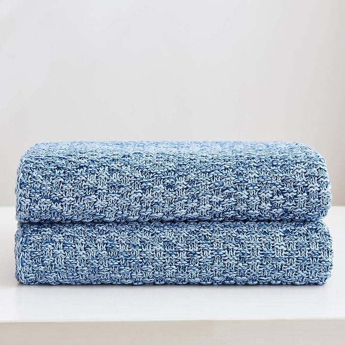 Longhui bedding Blue Knitted Throw Blanket for Couch, Soft, Cozy Machine Washable 100% Cotton Sofa Knit Blankets, Heavy 2.8lb Weight, 51 x 63 Inches, Blue and White Color, Laundry Bag Included