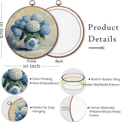 Threegoat Chinoiserie Spring Floral Framed Round Wall Art,Blue and White Hydrangea Flowers Wall Art Decor for Bedroom,Vintage Wall Hanging Decor for Grand Millenial Grandmillennial Home - A08