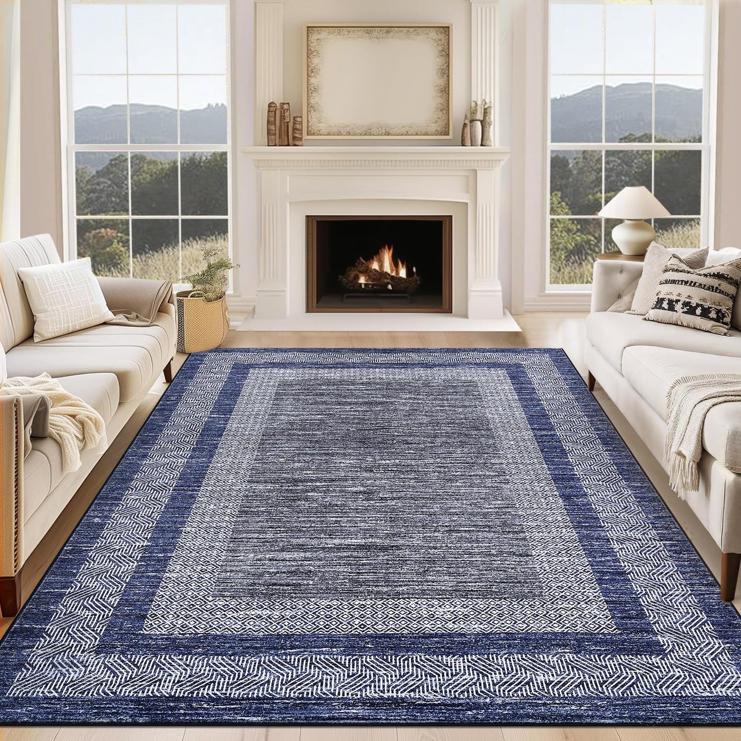 GarveeHome 2x6 Modern Bordered Runner Rug Soft Non Slip Runner Washable Non Shedding Floor Carpet, Distressed Geometric Hallway Runner, Indoor Printed Runner for Kitchen, Entrance, Blue
