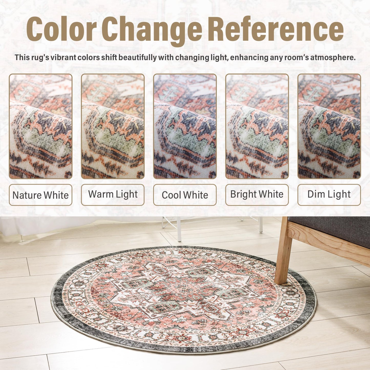 Carvapet 24 inch/61 cm Vintage Round Small Rugs Non-Slip Washable Circle Rug with Rubber Backing Foldable Low Pile Design for Living Room Bedroom, 2 ft Dark Pink Rug