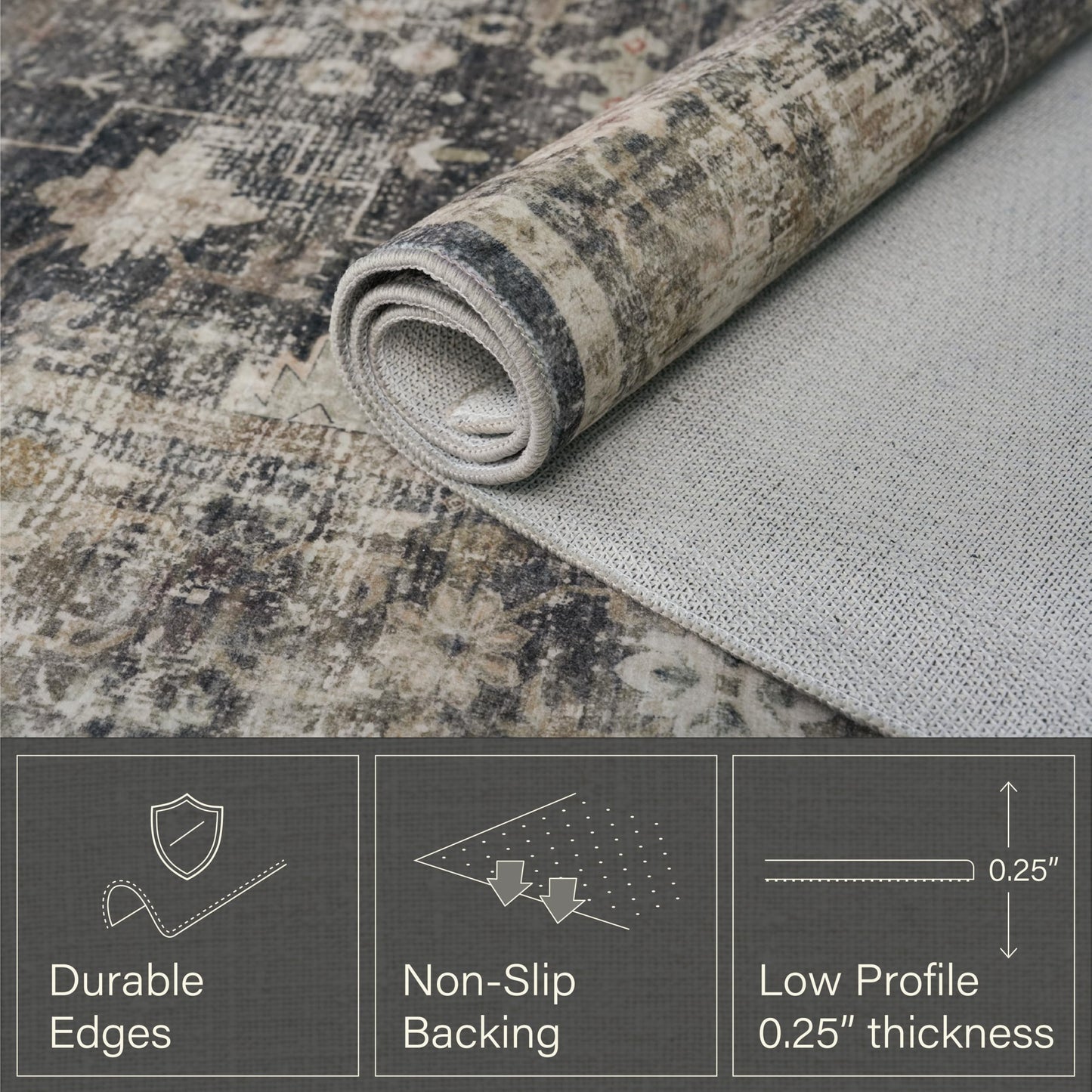 Modern 8x10 Charcoal and Beige Area Rug for Living Room, Washable Farmhouse Boho Rug for Bedroom, Distressed Oriental Geometric Design, Stain Resistant Low Pile Non-Slip Ultra Soft, Moody Décor