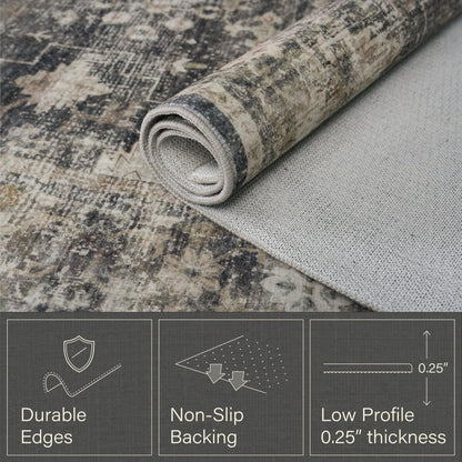 Modern 8x10 Charcoal and Beige Area Rug for Living Room, Washable Farmhouse Boho Rug for Bedroom, Distressed Oriental Geometric Design, Stain Resistant Low Pile Non-Slip Ultra Soft, Moody Décor