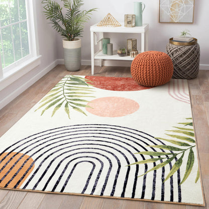 RoomTalks Mid Century Modern Washable Rug, Boho Cute Aesthetic 4x6 Area Rugs for Bedroom Dining Living Room Kitchen, Abstract Tropical Leaves Non Slip Thin Indoor Entryway Rug Accent Floor Carpet