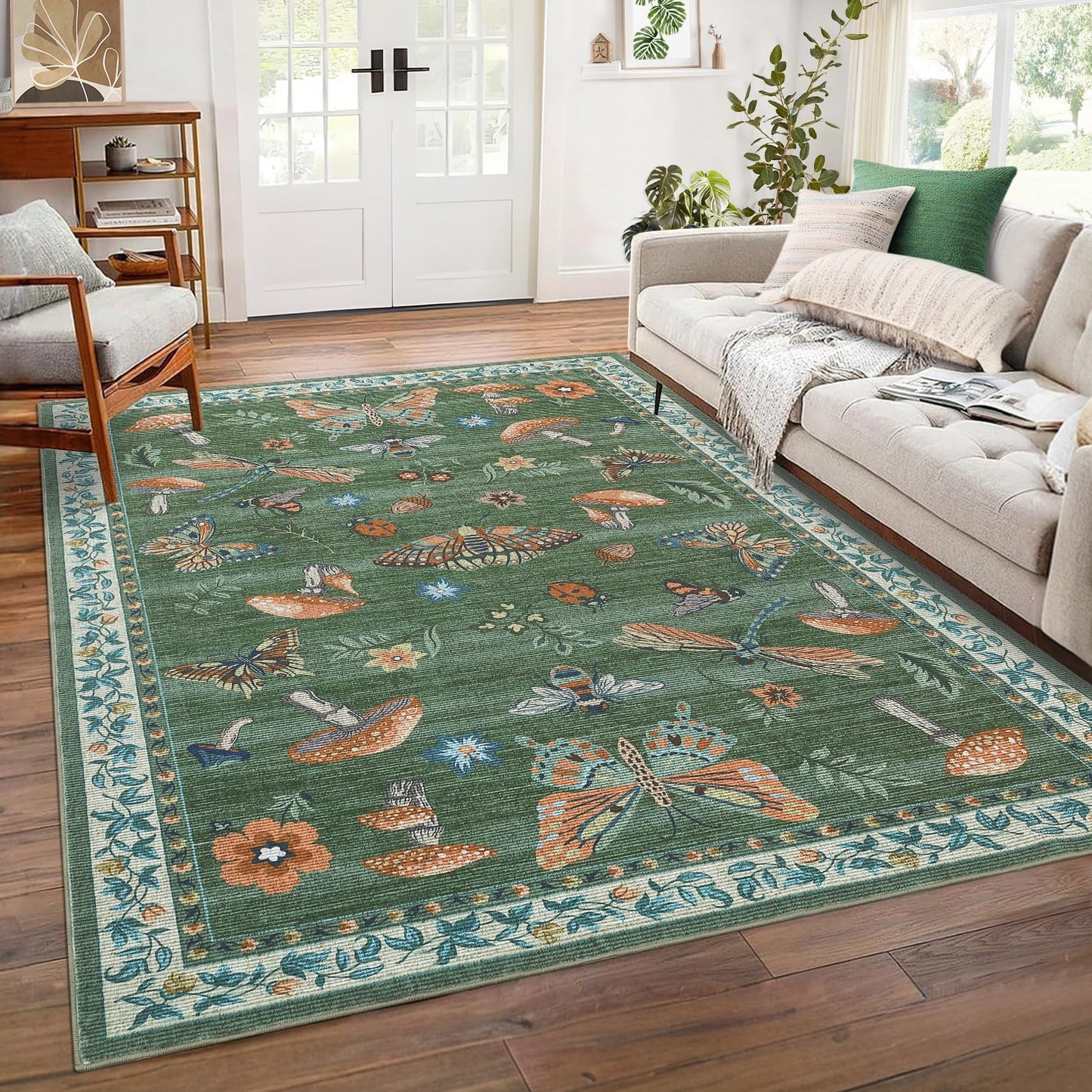 ROYHOME Mushroom Washable Rug 5x7 Area Rugs for Living Room, Insect Print for Bedroom, Non Slip Throw Rugs with Rubber Back, Soft Low Pile Dining Room Carpet for Under Table, Green