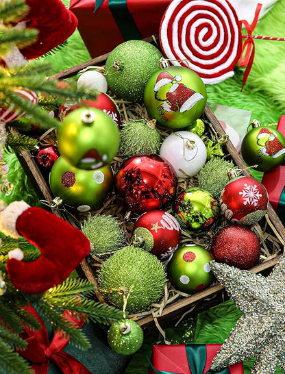 34 Pcs Christmas Ball Ornaments, Lime Green, Red and White Christmas Tree Decorations Set, Shatterproof Hanging Xmas Ornaments for Office Holiday Home with 7 Styles in 3 Sizes(Small Medium Large)