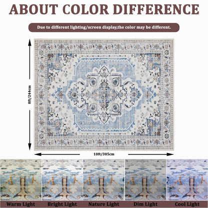 KENODITAN 9x12 Area Rug Living Room Rugs, Stain Resistant Washable Rug, Vintage Large Non-Slip Backing, Low Pile Lightweight Print Rug for Bedroom Dinning Room Home Office (White/Blue)