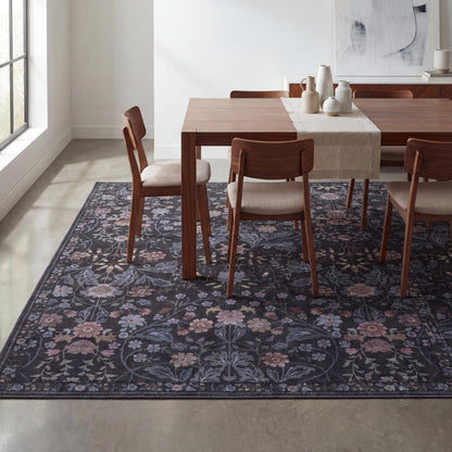 JONATHAN Y Ultra-Soft Machine-Washable Rug with Non-Skid Backing, Dark Gray/Multi 8'x10' Primrose Art Nouveau Floral Border, Non-Shedding, Velvet Luxury Feel for Living Room, Dining Room, Bedroom