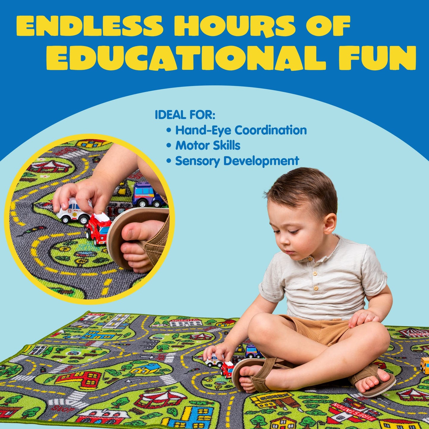 JOYIN Kids Play Rugs - 12 Pull-Back Vehicle Set - Durable Carpet Playmat Rug - City Pretending Play - Toddler Car Track Rug