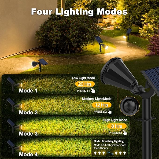 Solar Spot Lights Outdoor, 4 Modes/1 Pack Solar Spotlights Waterproof, 180° Adjustable Powered Landscape Lights, Outdoor Solar Lights for Yard Garden Pathway Flag Tree Wall Statue Warm White