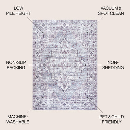 JONATHAN Y Machine Washable Gray/Purple Indoor Area Rug 4X6 ft, Didim Boho Medallion for Living Room, Bedroom, Kitchen, Office, Easy-Cleaning, High Traffic, Pet-Friendly, Non-Shedding (WSH102A-4)