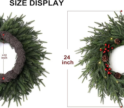 24" Artificial Christmas Wreath -Real Touch Norfolk Pine Wreath for Door,Wall,Windows,Indoor Outdoor -Christmas Wreaths for Front Door-Christmas Decorations-Holiday Decor-Free Battery LED Lights