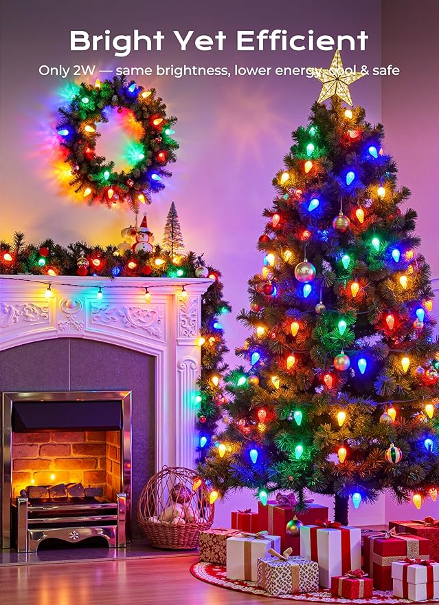 C9 Outdoor Christmas Lights, 33 FT 50 LED C9 String Lights, 8 Modes & Timer Connectable Waterproof for Christmas Tree light Indoor Outdoor Roofline Patio Outside Yard Holiday Xmas Decor, Multicolor