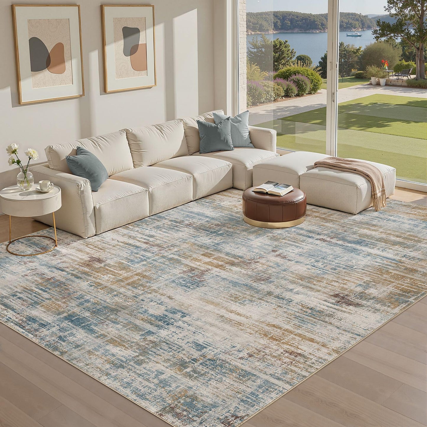 UERMEI 8x10 Washable Area Rug for Living Room: Modern Neutral Abstract Large Soft Low Pile Carpet Non-Slip Pet Kids Friendly Indoor Decor for Bedroom Dining Room Home Office Nursery Blue Brown