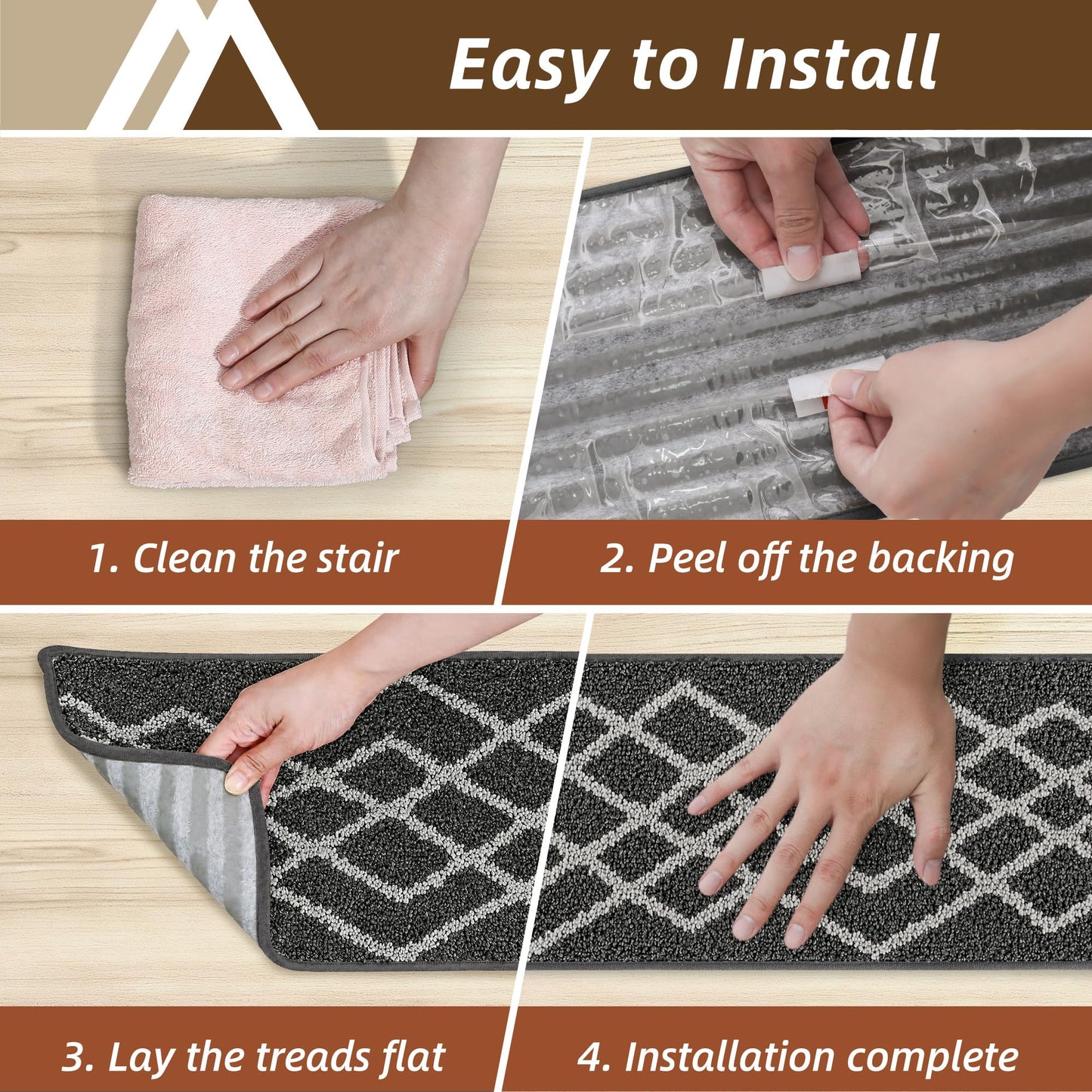 COSY HOMEER Soft Stair Treads Non-Slip Carpet Mat 28inX9in Indoor Stair Runners for Wooden Steps,Stair Rugs for Kids and Dogs, 100% Polyester TPE Backing 7pcs,Black,Rhombus