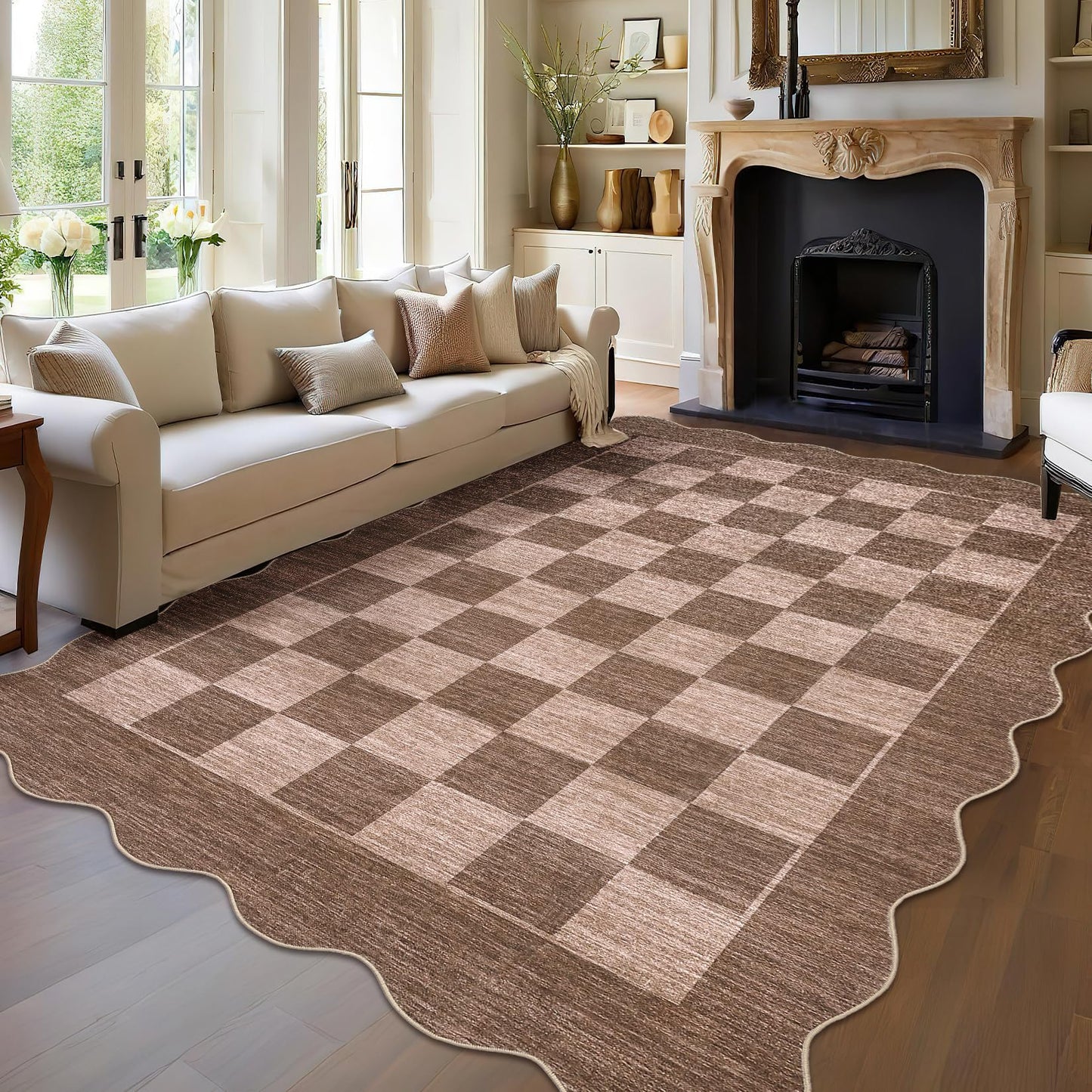GarveeHome Scalloped Living Room Rug 8x10 Washable Area Rug for Dining Room Bedroom Low Pile Neutral Area Rugs Modern Checkedboard Farmhouse Floor Cover Brown