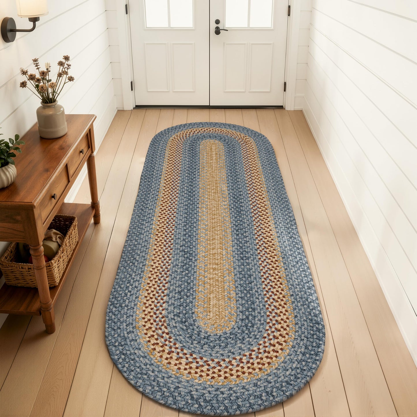 RCTJHOME 2'x6' Oval Braided Runner Rug, Long Hallway & Kitchen Farmhouse Rug, Door Mat with Anti-Slip Pads for High Traffic Areas Without Rubber Rope Rug,Natural, Rust, Blue