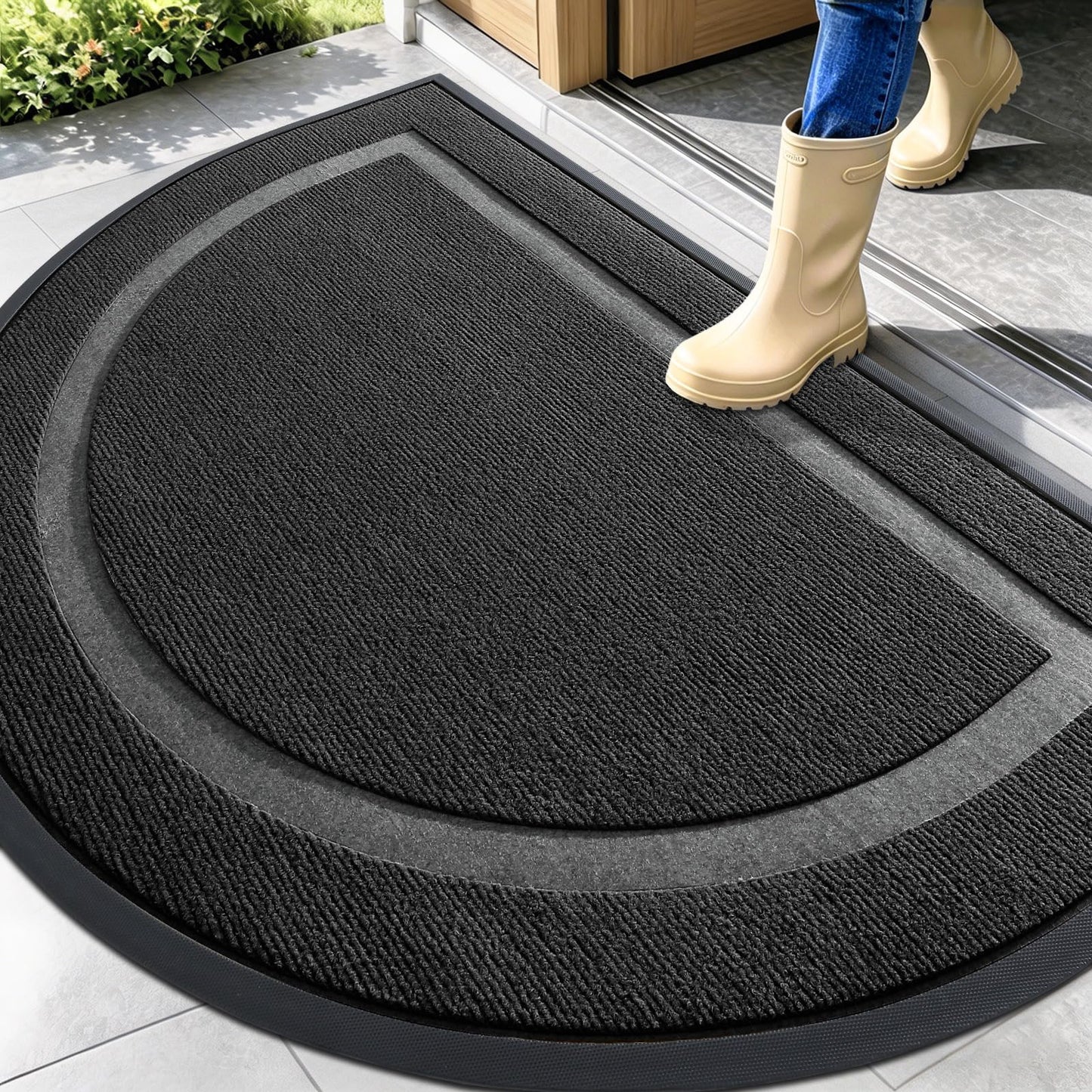 OLANLY Half Circle Door Mat Indoor Outdoor Entrance Welcome, Waterproof All-Season, All-Weather Doormat, Sturdy Natural Rubber, Low Profile, Easy Clean Patio Porch Entryway Mat, 47x32, Black