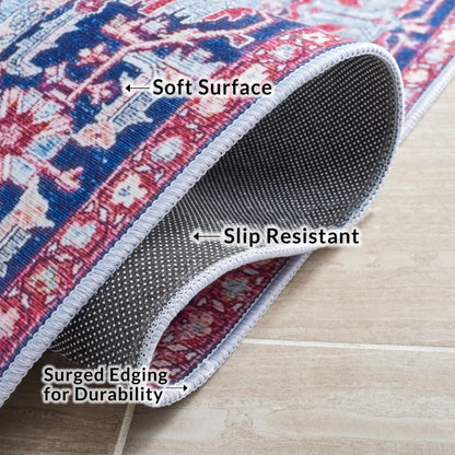 SAFAVIEH Washable Rug Tucson Collection - 4' Square, Red & Navy, Slip Resistant & Easy to Clean, Ideal for Foyer, Kitchen, Nursery, Office, Bedroom (TSN108Q)