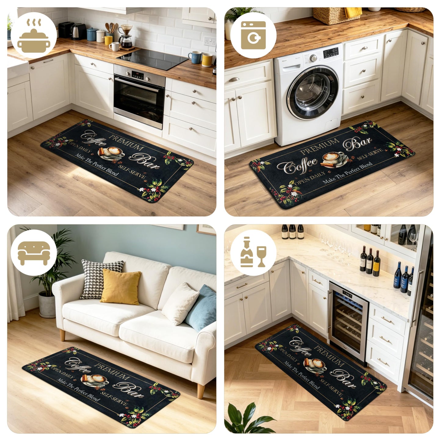 XSYarn Coffee Kitchen Rug, 20"x48" Coffee Bar Rug Low-Pile Kitchen Runner with Non-Slip TPR Backing Washable Floor Mat Home Decor Black