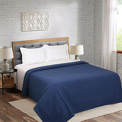 BELIZZI HOME 100% Cotton Bed Blanket, Breathable Thermal Blanket King Size, Soft Chevron 90''x102'', Perfect for Layering Any All Season, Navy Blue