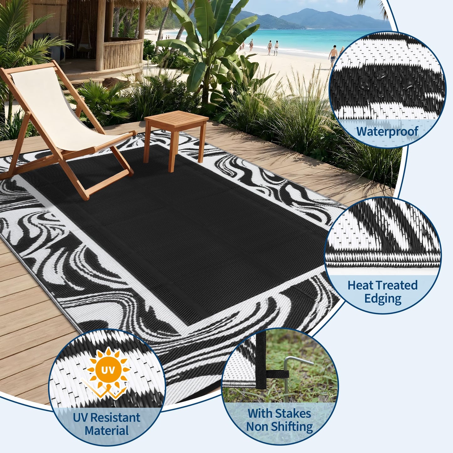Garvee Black and White Outdoor Rug 5x8 for Camping Waterproof Quick Dry Plastic Straw Carpet Reversible Lightweight Patio Rug Easy to Clean for RV, Deck, Balcony, Backyard, Picnic, Beach, Black White