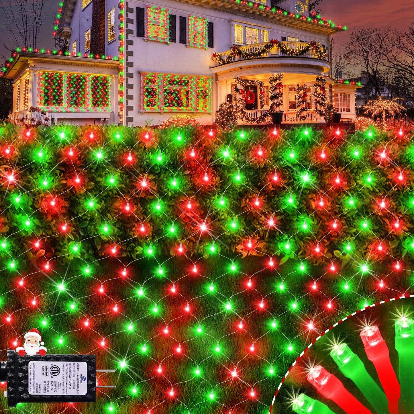 Hezbjiti Christmas Net Lights Outdoor 200 LED 6.9FT x 5.4FT Clear Wire with 8 Modes, Connectable Plug in Waterproof, Timer Memory Function for Xmas Tree Bushes Porch Lawn Windows Decor（Red Green）