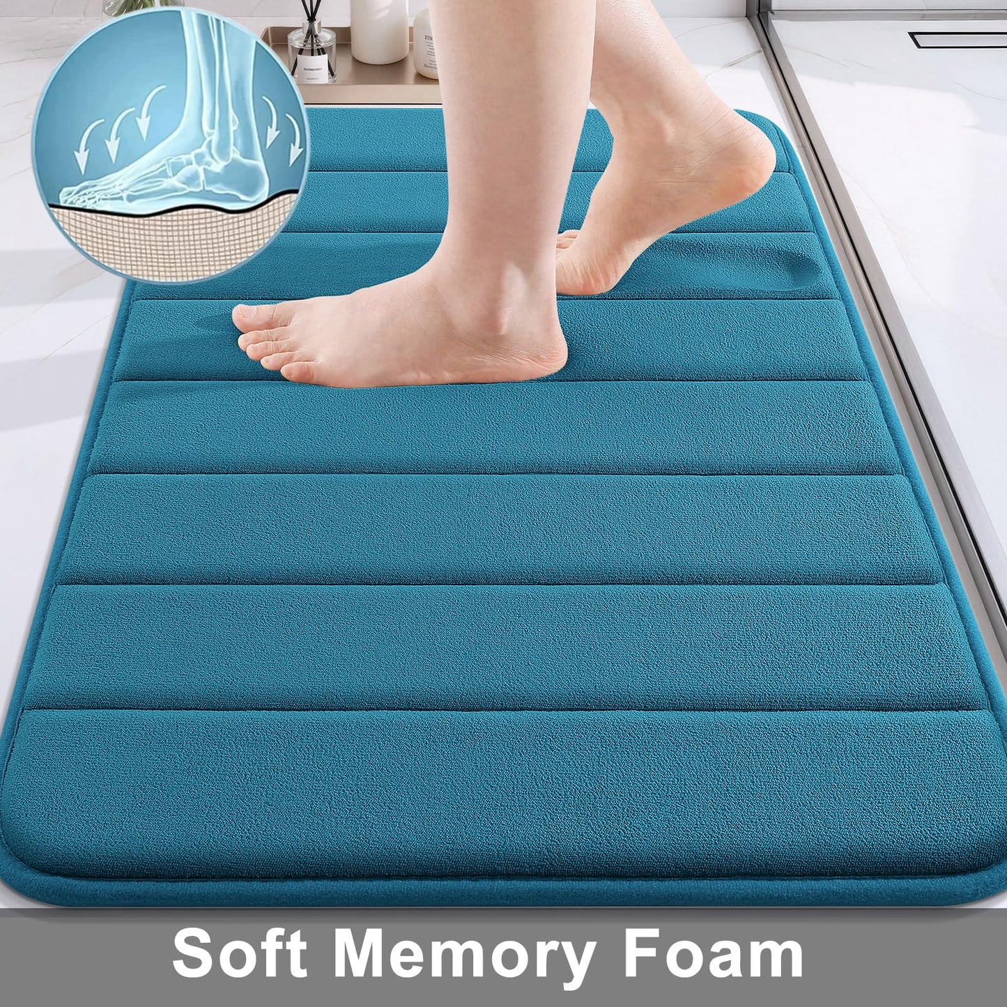Buganda Memory Foam Bath Mat, 30" x 20", Ultra Soft and Non-Slip Bathroom Rugs, Water Absorbent and Machine Washable Bath Rug for Bathroom, Shower, and Tub, Peacock Blue