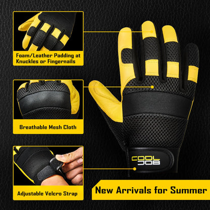 COOLJOB Breathable Mesh Cowhide Leather Work Gloves with Grip, Thorn Resistant Gloves for Gardening Pruning, 1 Pair, S