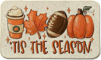 Fall Football Pumpkin Front Door Mat Indoor Outdoor Entrance, Tis The Season Autumn Maple Leaves Washable Non-Slip Rubber Doormat, Inside Outside Entrance Sports Game Day Welcome Floor Mat, 17x29