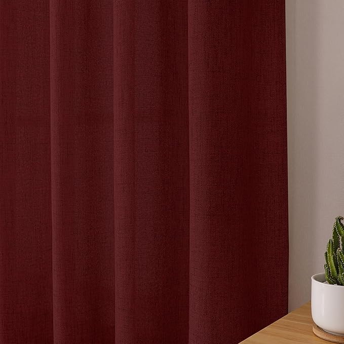 Tollpiz Short Linen Tier Curtains Rod Pocket Semi Sheer Half Kitchen Curtain Burlap Light Filtering Thick Linen Drapes for Bathroom, 30 x 24 inches Long, Burgundy Red, Set of 2 Panels