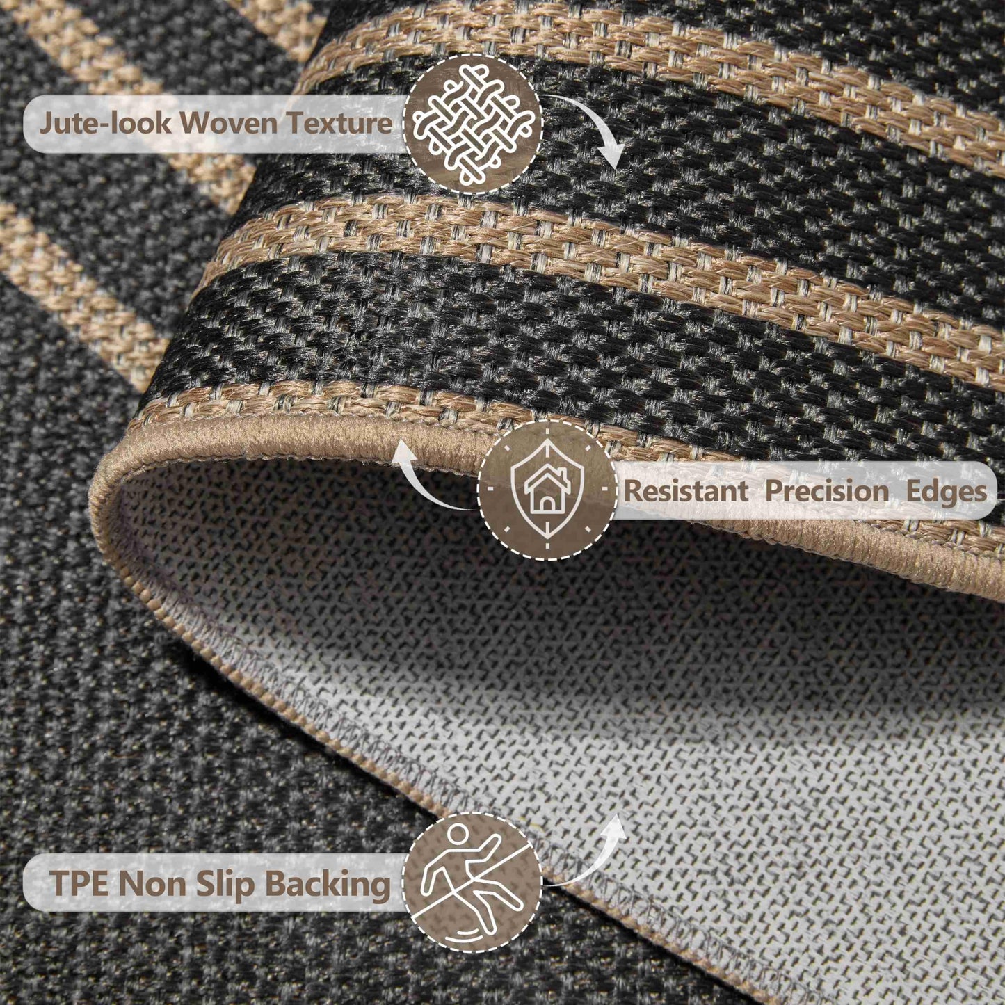 Latte&Fog Easy Jute 4x6 Outdoor Rug, Washable Linen Textured Durable Patio Rug, Non Slip Natural Indoor Carpet for Patio, Balcony, Porch, Courtyard, Deck, Bedroom, Backyard - Black/Brown 4'x6'